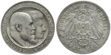 Württemberg 3 Mark 1911 F - Wilhelm & Charlotte